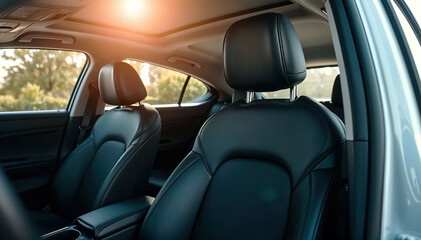inviting view of car interior comfortable black leather seats and sunroof bathing cabin