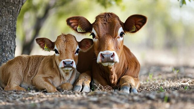 A mother cow with her calf is sitting under a tree footage