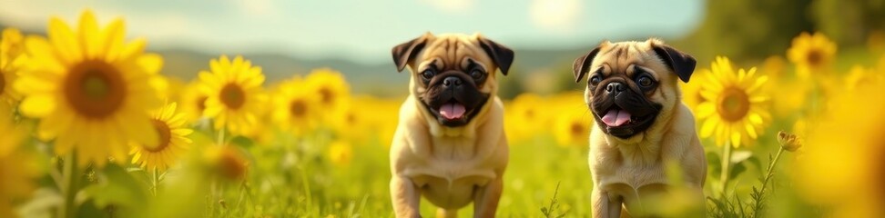 Obraz premium Pug in sunflower field, vibrant colors, joyful scene , gold, floral, digital art