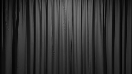 A luxurious, textured dark black fabric curtain, draped in soft folds and illuminated with a subtle...