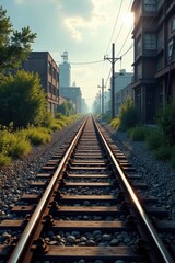 Fototapeta premium Steel railroad tracks from above, industrial area backdrop, crossing, geometry, pattern