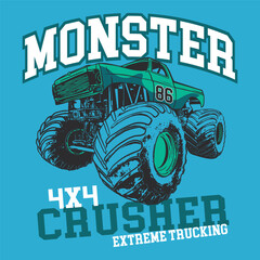 Cartoon monster truck 4x4 road illustration for t-shirt print, Colorful monster truck vector. Art with lettering composition for prints on t-shirts, Monster truck vector logo design inspiration slogan © Obak Murad