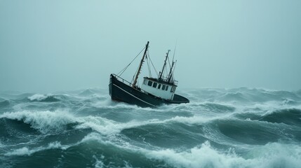 Stranded Fishing Boat Amidst Turbulent Waves in Stormy Sea Conditions