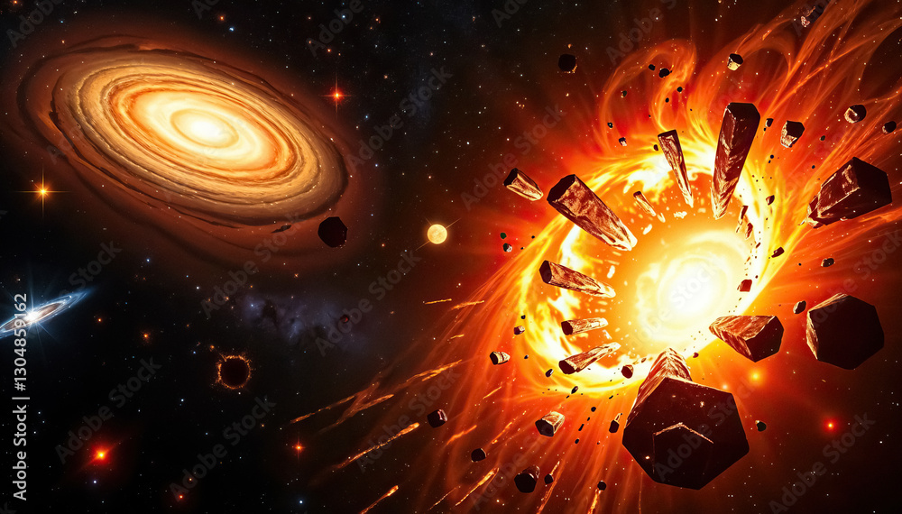Poster Dramatic cosmic event featuring supernova explosion with scattered debris and distant galaxy view