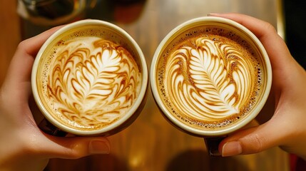 Top view of hands holding coffee cups with latte art on a wooden table. Heart-shaped, leaf pattern, and swirl designs in creamy foam, capturing a cozy café atmosphere, social gathering, and artisanal 