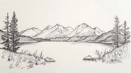 Hand-drawn landscape sketch of mountains and lake