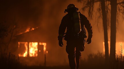 Firefighter in gear walks away from burning house at night, flames engulfing structure