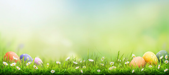 Six painted easter eggs celebrating a Happy Easter on a spring day with a green grass meadow, bright sunlight and a warm colour background with copy space.
