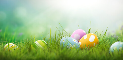 Six painted easter eggs celebrating a Happy Easter on a spring day with a green grass meadow, bright sunlight and a cool colour background with copy space.