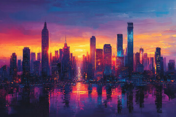 Fototapeta premium vibrant city skyline at sunset, showcasing colorful reflections on water