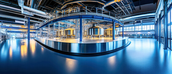 Fototapeta premium High-tech beer production plant showcasing large stainless steel tanks and modern equipment in a clean industrial space