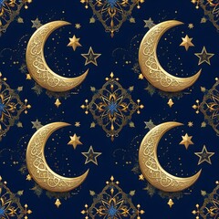 Seamless Arabesque Tile Pattern with Golden Crescent Moons and Glistening Stars, Creating a Stunning and Meaningful Islamic Design