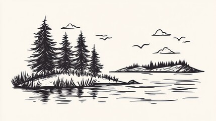 Fototapeta premium Sketchy island landscape with pine trees, lake, clouds, and birds. Possible use Stock photo for nature themes, backgrounds for web pages, prints for posters, postcards, etc
