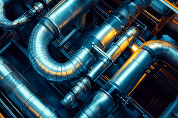 Intricate design of metal pipes in an industrial facility with branding space available