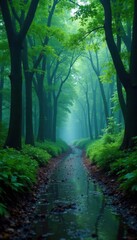 Naklejka premium Torrential rain lashes Osaka forest; trees drenched, paths flooded, woodland, rain