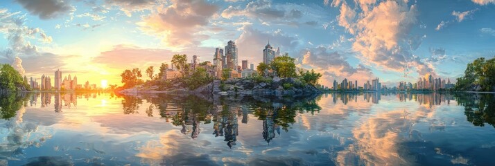 Naklejka premium A futuristic city skyline reflecting on water at sunset. Skyscrapers, abstract perspective, urban atmosphere, digital painting style, vibrant colors, dreamlike architecture. Generative AI.