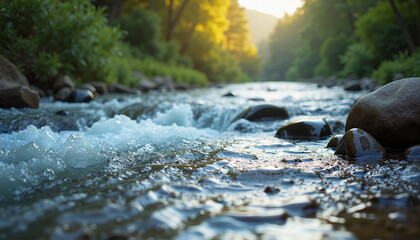 Fototapeta premium Flowing river in natural riverside environment, gentle current, serene landscape