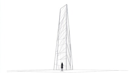 Abstract drawing of tall building, person standing, white background.  Possible use Architecture, design