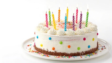 Birthday Cake with Candles on White Background