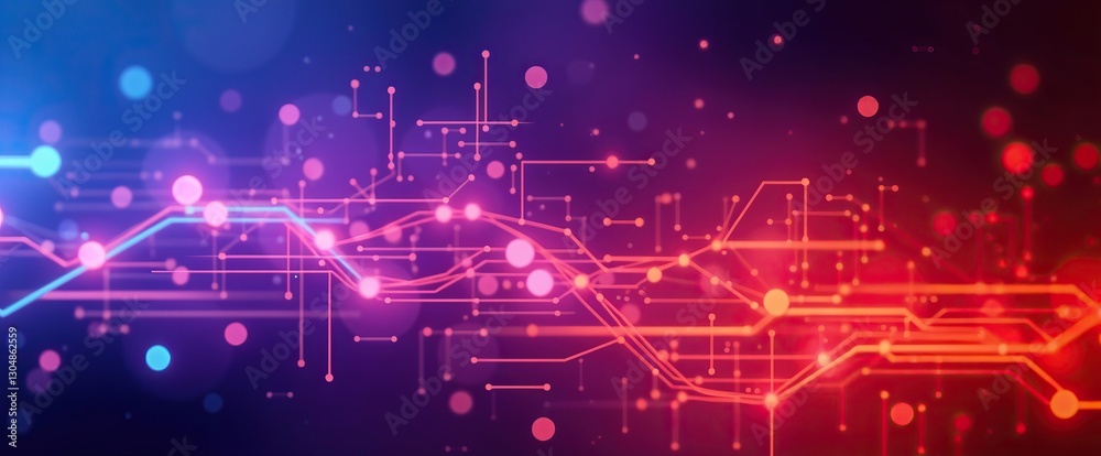 Poster abstract network connecting dots lines and shapes with blue and red coloring forming digital landsca
