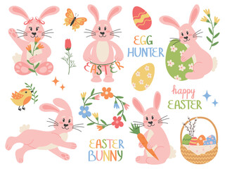 Cute Easter pink bunnies collection. Happy rabbit characters with Easter eggs, chicks, flowers