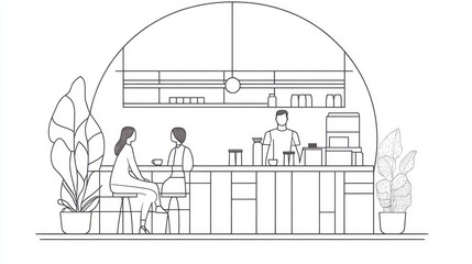 Fototapeta premium Modern cafe interior scene, customers enjoying coffee, barista serving. Stock photo