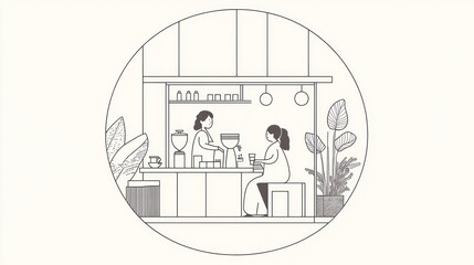 Simple cafe interior scene; two women interacting.  Possible use stock photo