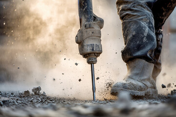 Construction worker skillfully breaking up concrete with a jackhammer in an industrial setting