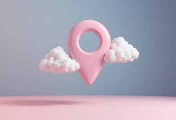 Dreamy Pink Location Pin with Clouds - 3D Rendered Icon for Navigation, Travel, and Creative Conceptual Designs