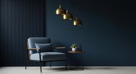 A sophisticated modern living space featuring a deep blue accent wall framed by vertical wooden slats