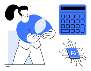 Person holding leaf emphasizing sustainability, calculator for analytics, AI chip representing technology. Ideal for sustainability, innovation, technology, environment, digital solutions, analytics