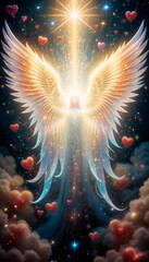 Angel with bright wings and heart motifs radiating love in a dreamy cosmic background
