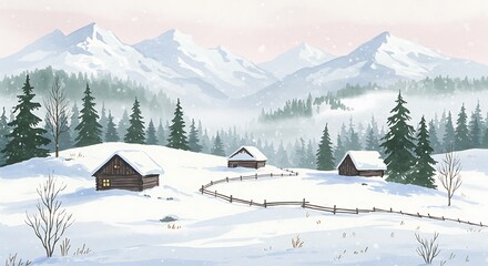 Fototapeta premium A watercolor illustration featuring a peaceful holiday setting with a winter village, snow-covered mountains, pine trees, and snug cottages 