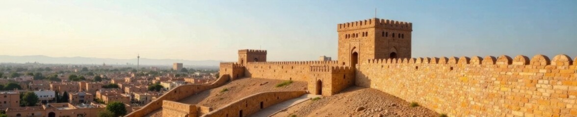 Naklejka premium Ancient Khiva city wall with watchtowers and minaret, history, monument