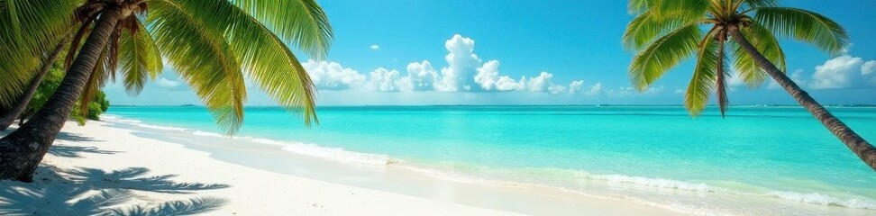 Obraz premium Turquoise water laps white sand, palm trees sway gently in breeze , getaway, reef, travel