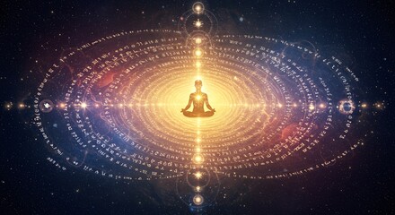 Meditating Figure in Lotus Position Surrounded by Cosmic Energy Field