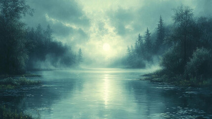 serene landscape painting featuring tranquil river, misty trees, and glowing sun. calm water reflects soft light