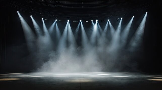 Theater lights arranged in a circular pattern, shining down onto an empty stage with a soft haze.