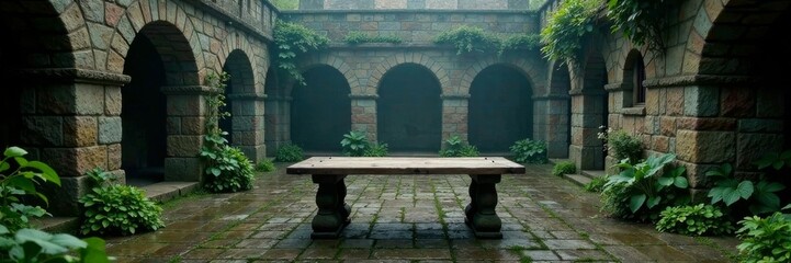 Naklejka premium Old wooden table sits alone in a misty castle courtyard amidst ancient stone walls and overgrown greenery, nature, wood