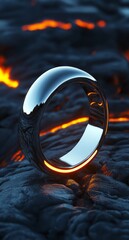 A futuristic smart ring with a sleek metallic finish, reflecting soft ambient lighting 