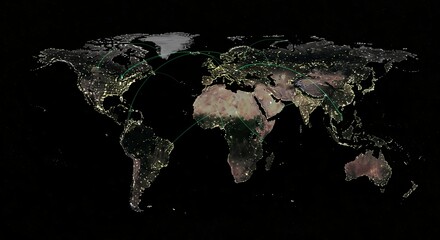 World Map at Night Showing City Lights and Global Connections