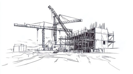 Obraz premium Architectural sketch of construction site with cranes