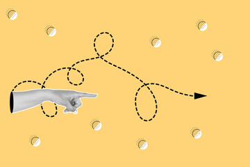 Collage of a woman hand pointing a black trace line on a yellow background with white and black circles