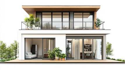 Modern two-story house exterior, front view, with patio and balcony