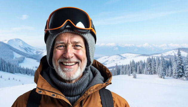 Portrait of a smiling senior man skier in a jachet, helmet and skiing goggles portrait against snowy mountains ski resort background
