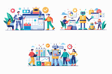 Naklejka premium AI technology set, Characters using artificial intelligence generative tools, Characters use artificial intelligence, Robots and white-collar workers work