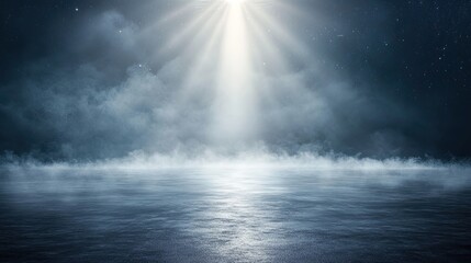 Fototapeta premium A single bright stage spotlight piercing through heavy fog, highlighting atmospheric textures.