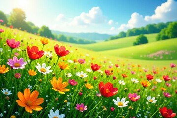 Vibrant wildflowers carpet a sun-drenched meadow, beauty, picturesque, landscape