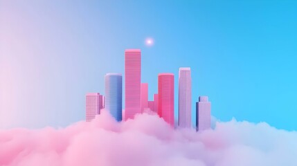 Fototapeta premium Futuristic City Skyline Surrounded by Soft Pink Clouds and Blue Sky