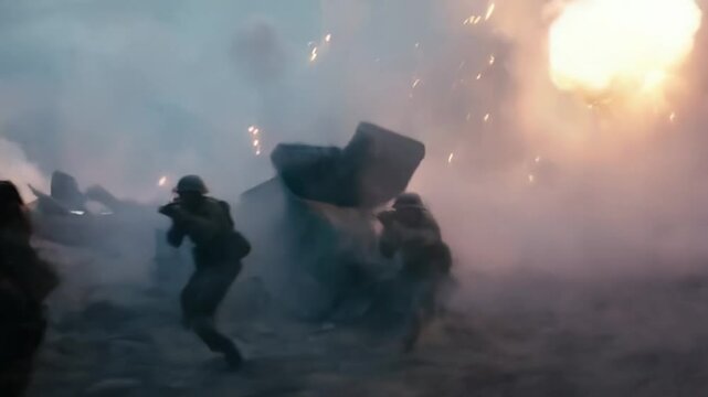 Silhouetted against raging explosions, soldiers fight fiercely in an urban warzone at twilight, engulfed in smoke and destruction.